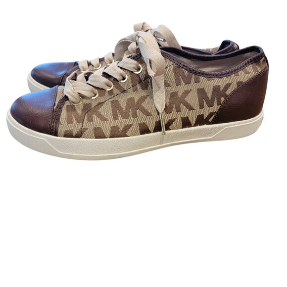 Michael Kors Women Block City Mocha Monogram Jacquard Sneaker - Picture 1 of 16